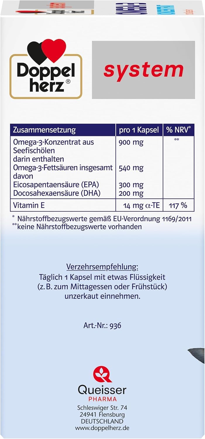 Doppelherz system OMEGA-3 KONZENRAT – Mit 300 mg EPA und 200 mg DHA pro Kapsel als Beitrag für die normale Gehirn- und Herzfunktion – 2 x 120 Kapseln