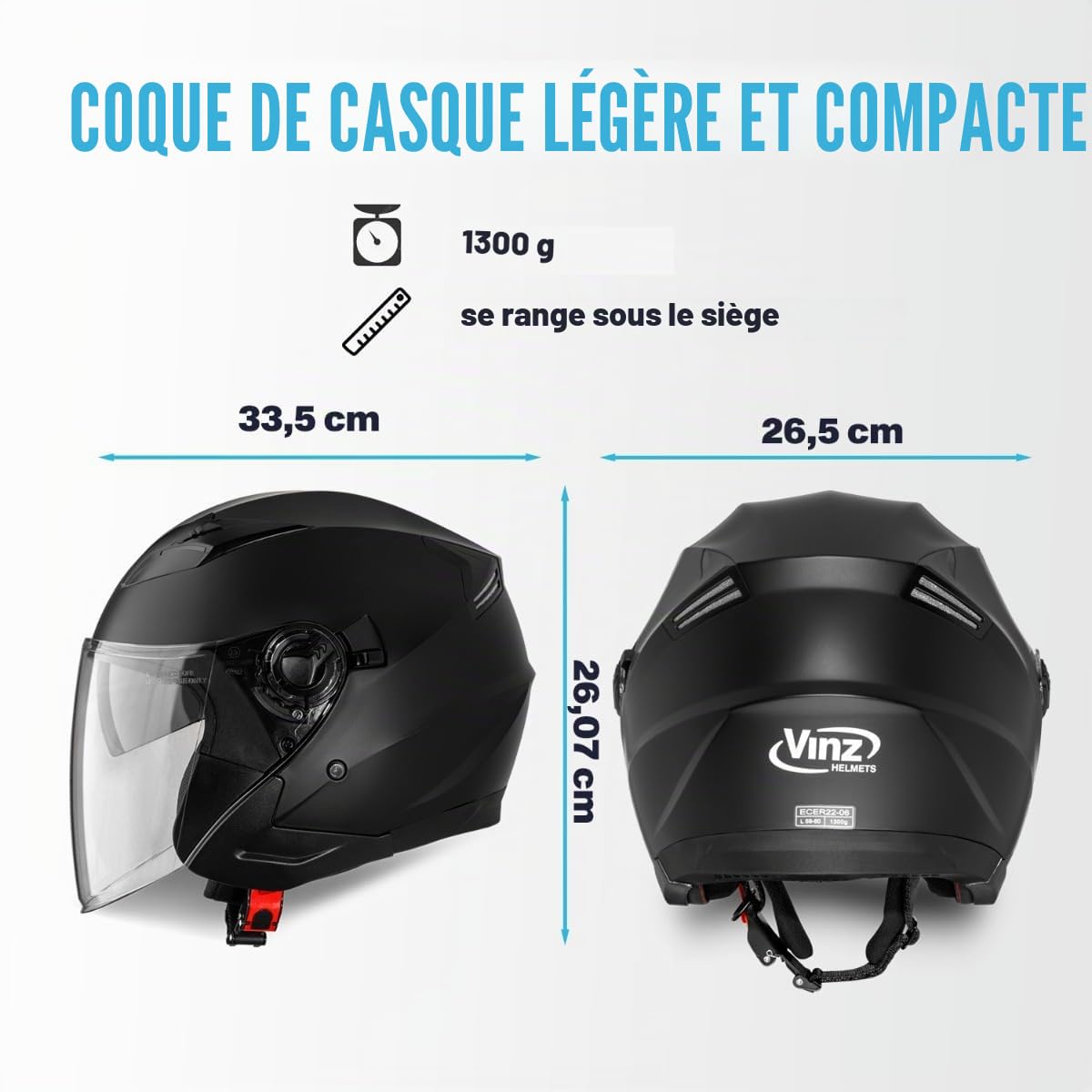 VINZ Calobra Casque Jet avec Visière Solaire et Visière | Casque de Scooter Moto | Certifié ECE 22.06 | Tailles XS-XXL