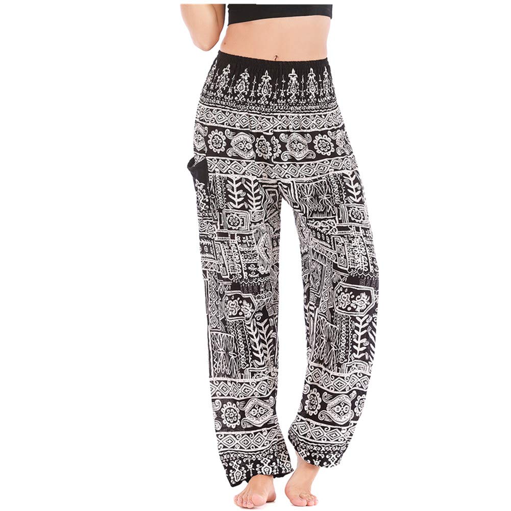 Fansu Women's Fish Bone Black Bohemian Pants, Thai Floral Baggy Harem Pants Yoga Printed Hippy Smocked Waist Hippie Trousers For Pilates (One Size,)