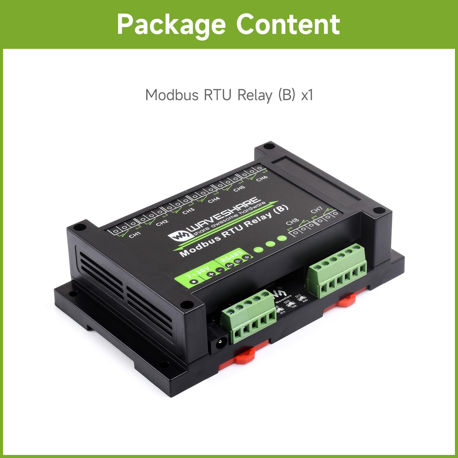 Waveshare Industrial Modbus RTU 8-Ch Relay Module RS485 Interface Multi Isolation Protection 7~36V