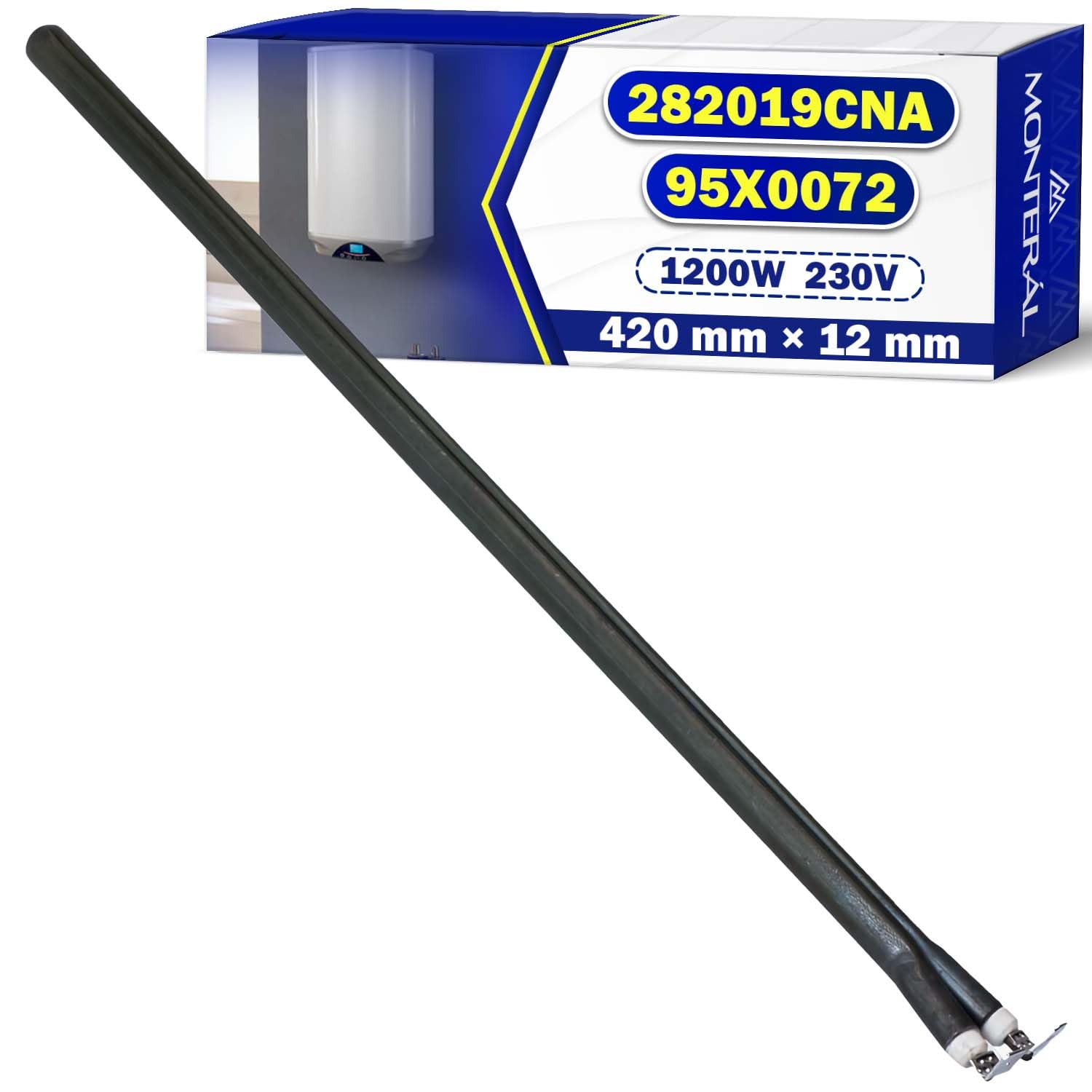 Resistencia Calentar Agua de Tipo Seco 420 mm Ø12 mm 1200W 230V con Código Original 282019CNA 95X0072 para Fagor para Brandt para Edesa para Aspes para Ocean - Garantía de 10 Años - MONTERAL