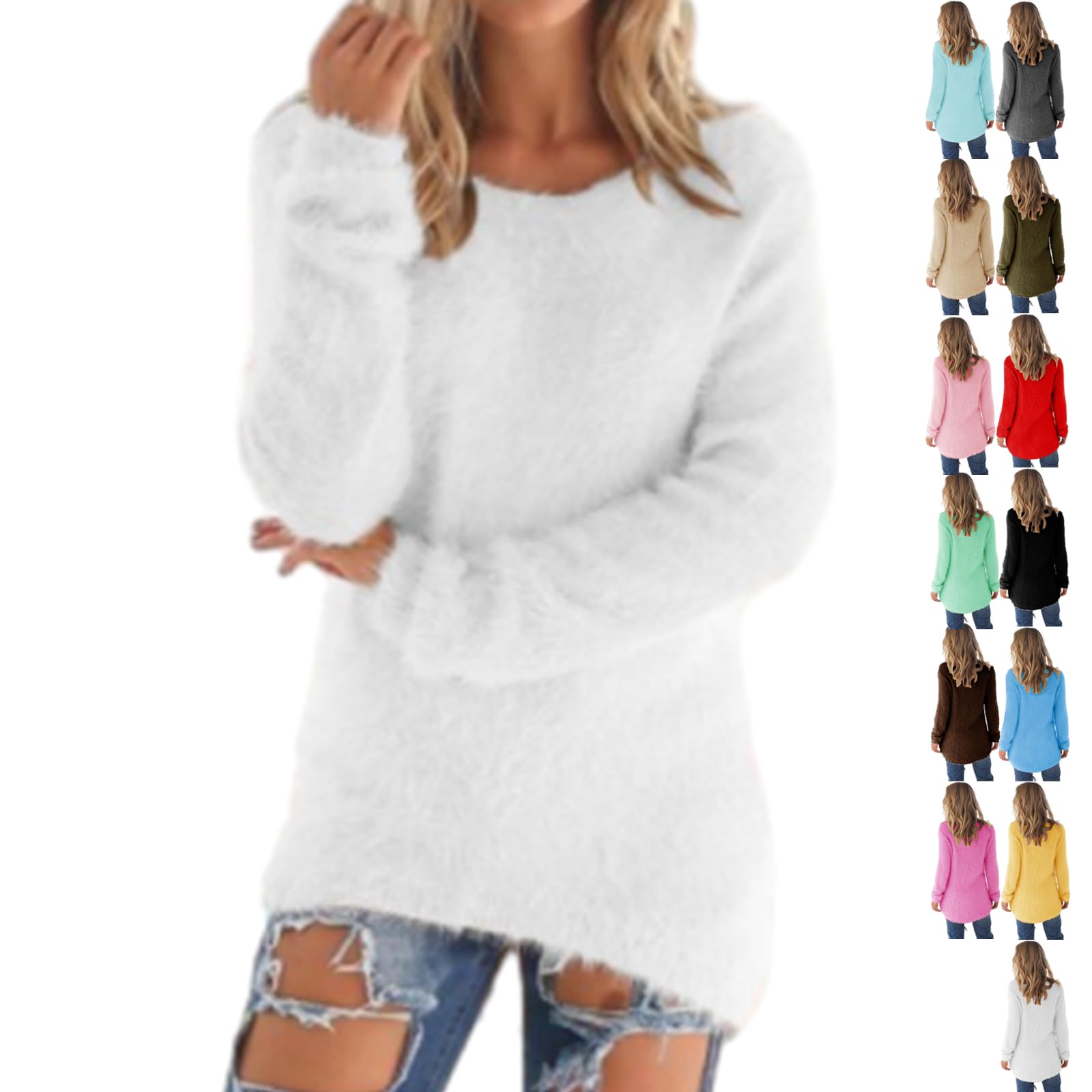Cozy Lounge Sweater Casual Crewneck Fleece Pullover Long Sleeve Thermal Soft Fuzzy Sweater Winter Clothes