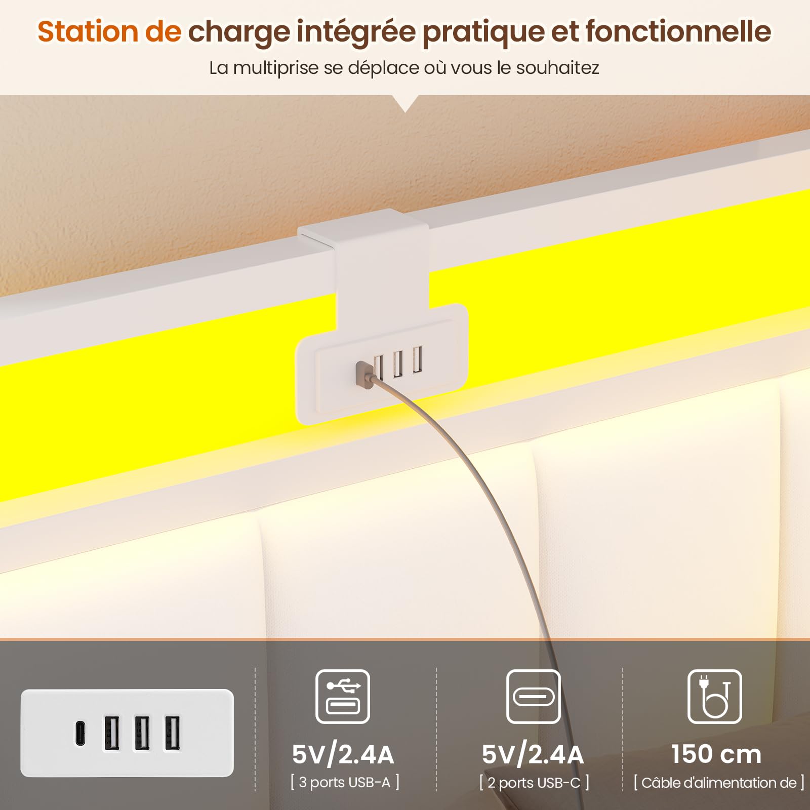 DICTAC Canapé lit 90x190 avec éclairage LED et Prise USB,Cadre de Lits 90x190 avec Sommier à Lattes en métal,Lit Banquette Lits Coffre avec 2 tiroir de Rangement pour Studio/Chambre,Beige-sans Matela