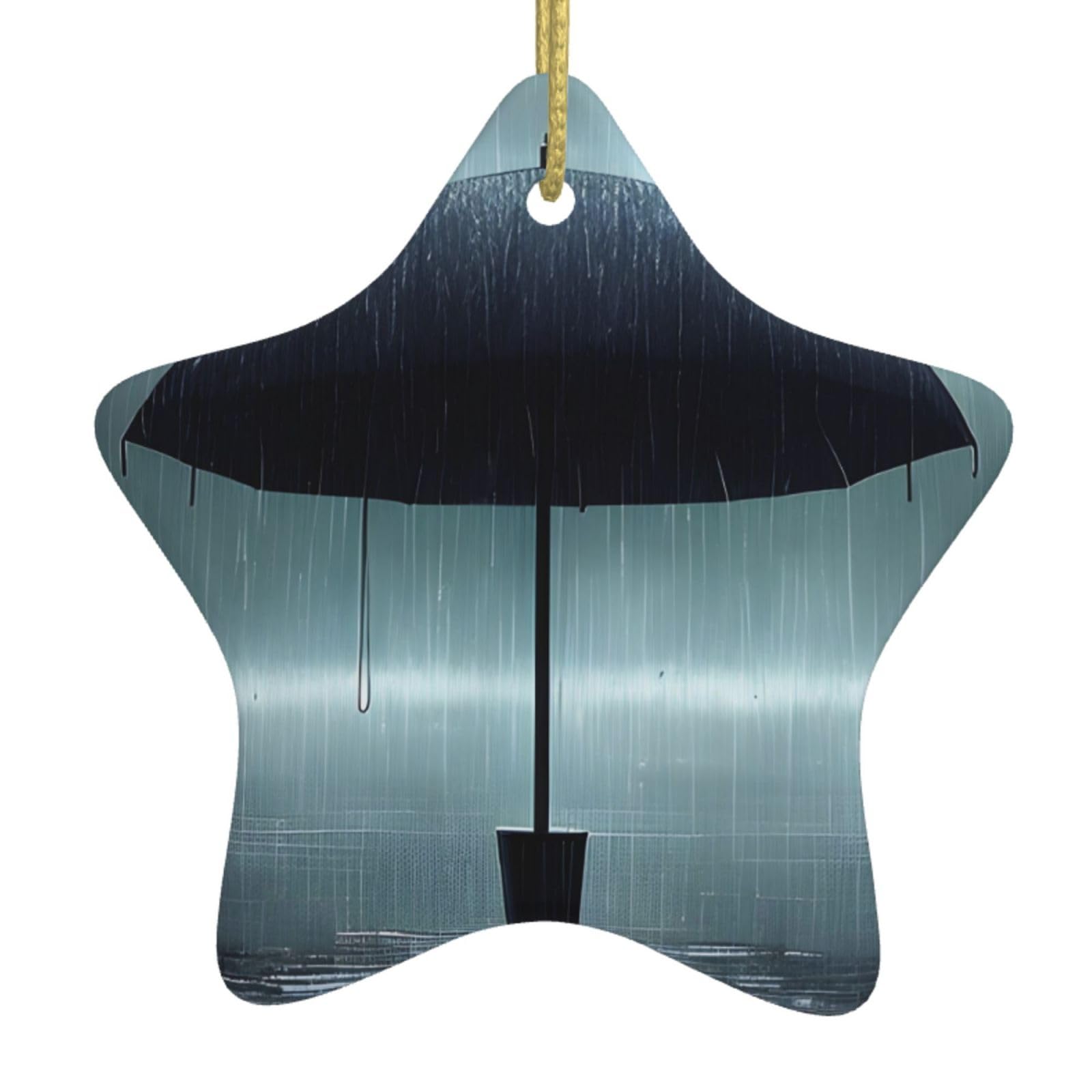 Black Umbrella in The rain Christmas Ceramic Star Pendant with Punched Holes and Gold Wire Rope, Christmas Tree Home Decoration