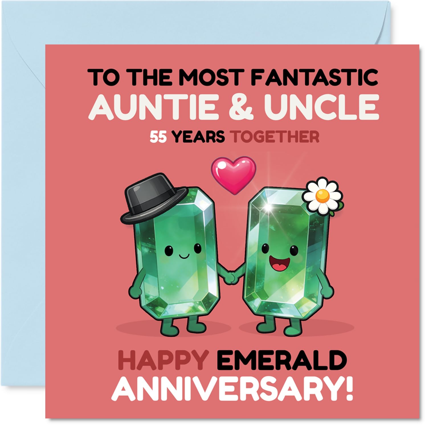 Cute 55th Anniversary Card for Auntie & Uncle - Emerald Laughs for 55 Years - Adorable Green Gemstone Duo Holding Hands - 145mm Square, Envelope Included