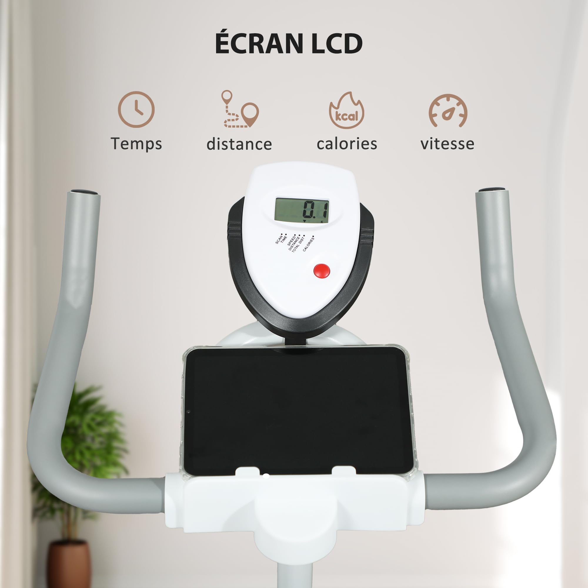 SPORTNOW Cyclette Stazionaria Silenziatore Monitor LCD Bianco | Sella e resistenza regolabili, supporto per tablet, esercizio interno per allenamento cardio a casa