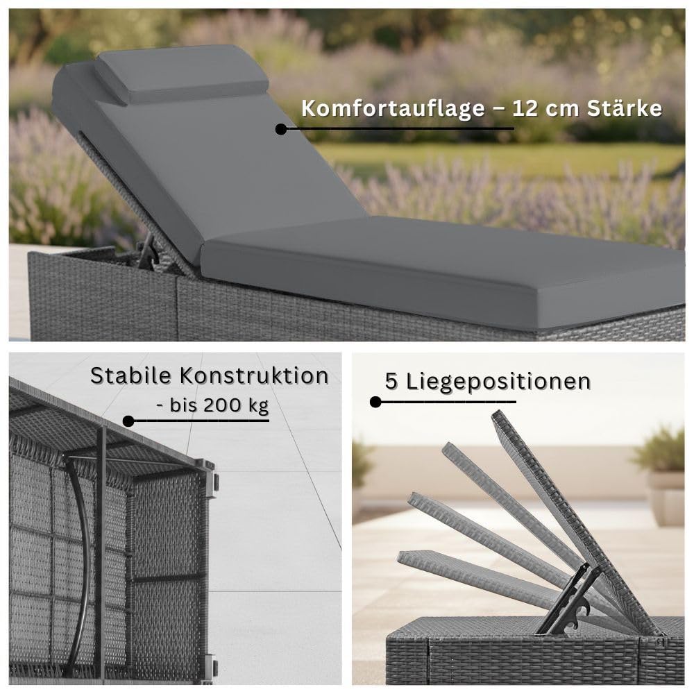 RS Trade Sonnenliege Gartenliege wetterfest extra hoch auch für Senioren – Polyrattan Outdoor mit Rollen, stabil & belastbar bis 200kg, XXL für Garten Terrasse Balkon, grau Rattan, mit Grauer Auflage