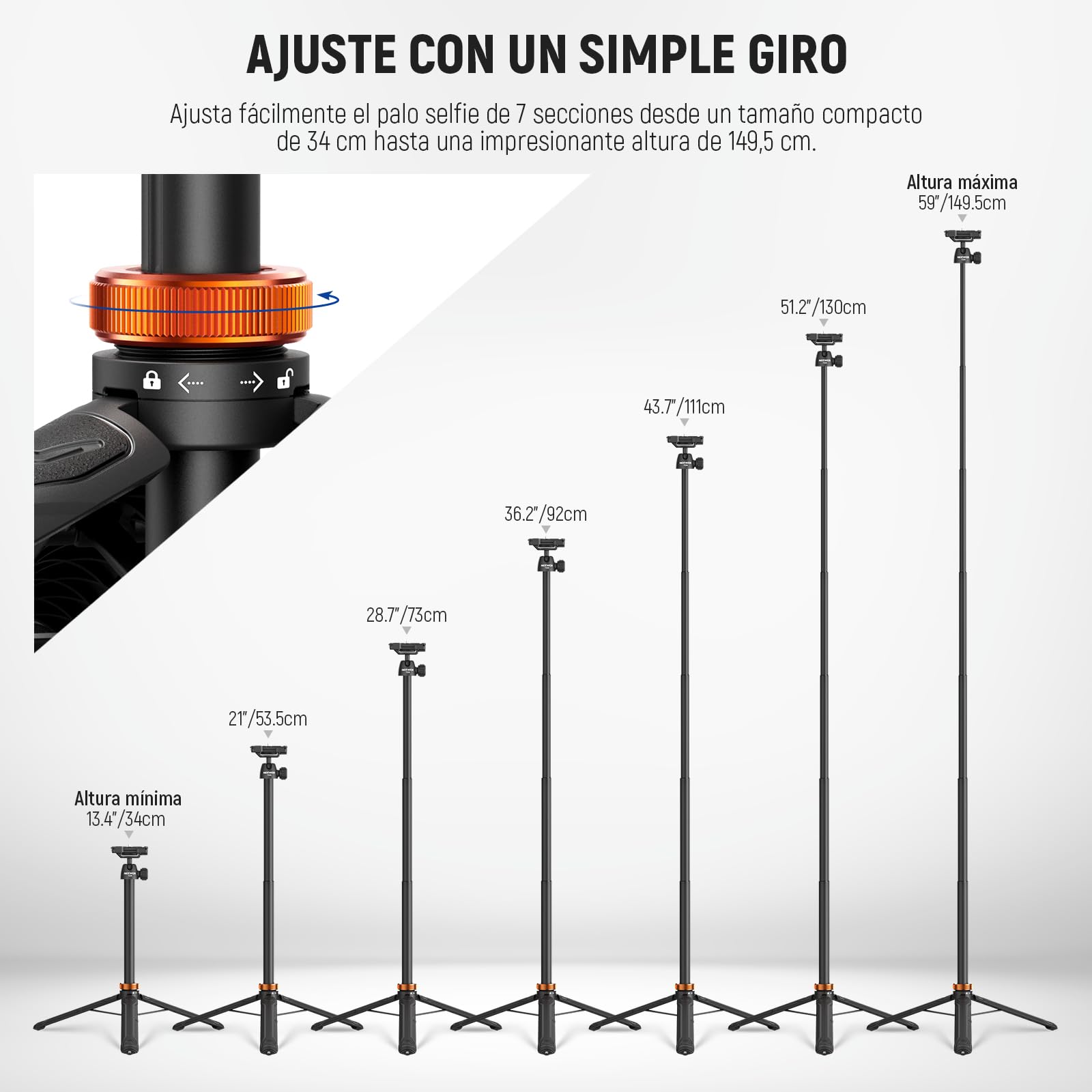 NEEWER 59" Trípode Palo Selfie Compatible con iPhone DLSR Canon Sony Camera, Soporte Escritorio Viaje Portátil Metal Pequeño con 360° Cabezal Bola Soporte Teléfono Celular para Grabación Video, TS04
