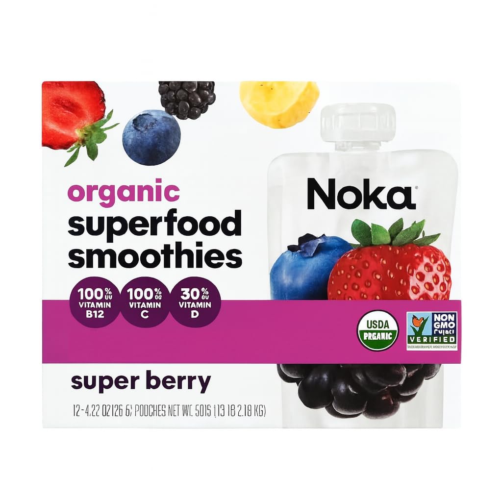 Noka Organic Superfood Fruit Smoothie Pouches – Super Berry (12 Count) | Vegan, Gluten-Free, Dairy-Free, No Added Sugar | Plant Protein & Flax Seed