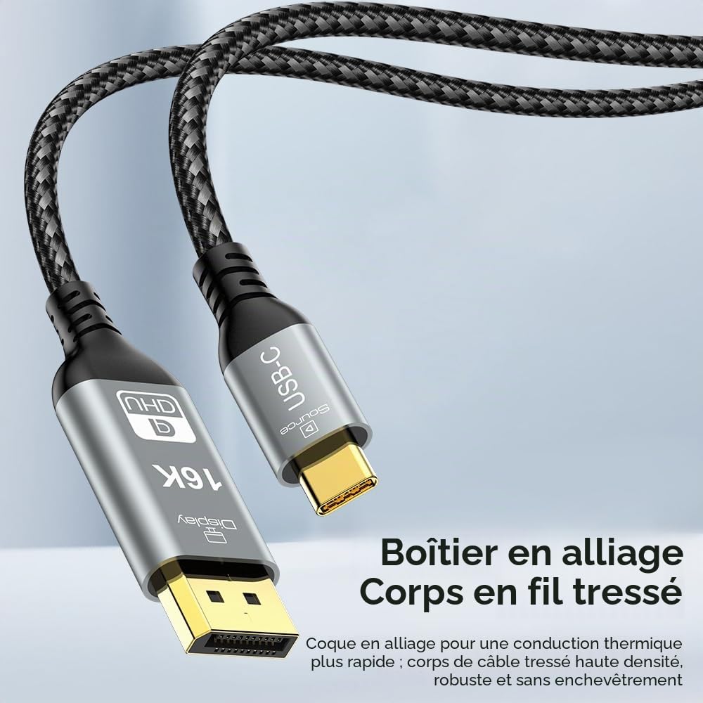 USB-C Thunderbolt 4 à DisplayPort 2.1 2m 12Bit Ultra HD 16K Vidéo USB 4.0 Thunderbolt 5 DP 2.0 Câble 16K (15360x8640)@60Hz 4K@240Hz 8K@120Hz Port d'affichage 2.1 Compatible Avec MacBook