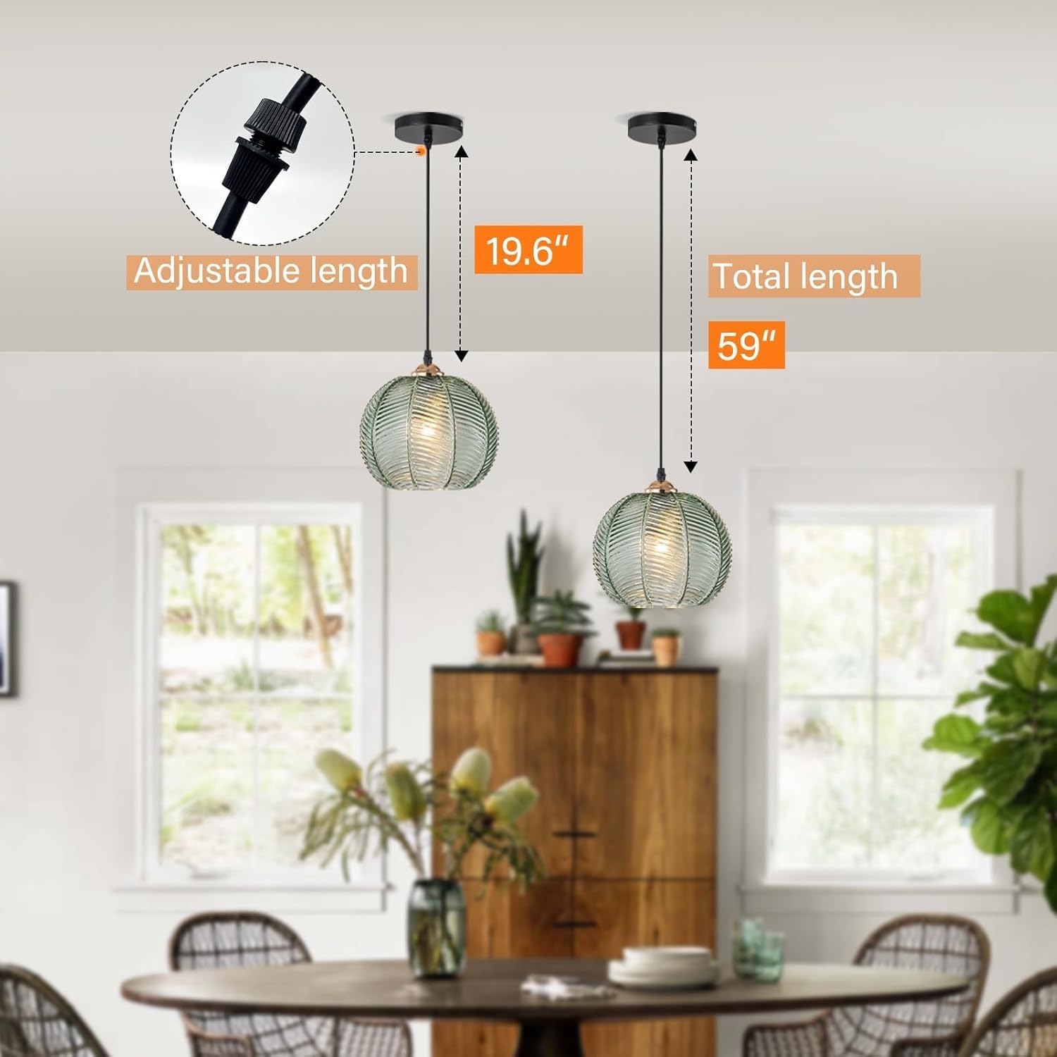 Mid Century Modern Dark Green Ribbed Glass Pendant Light, 8.7" Hand-Blown Globe Hanging Light with Adjustable Cord, 1-Light Gold Chandelier Light Fixture for Kitchen, Dining Room, Bedroom