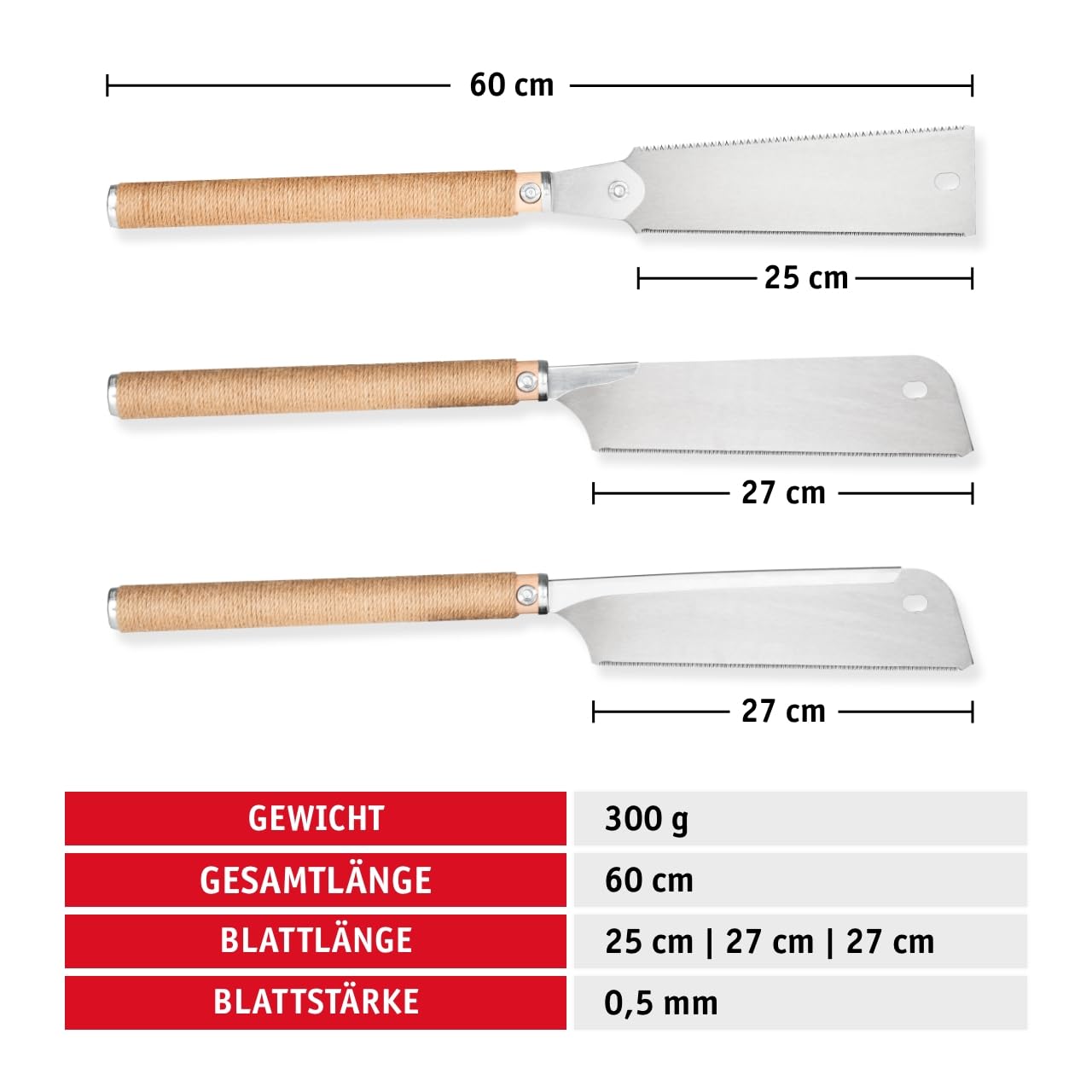 WALTER Japansägen Set 3-teilig Dozuki Ryoba Kataba SK5-Stahl Zugsäge Holz Längs Quer Schrägschnitt