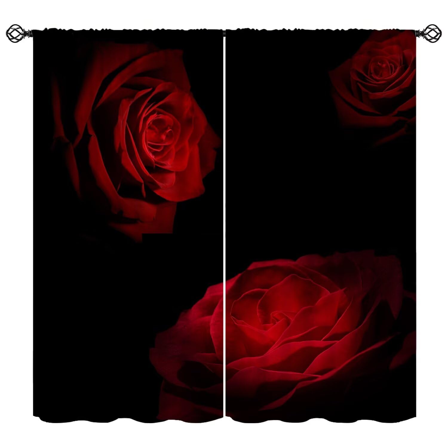 Moderw Red Rose Floral Curtains, Romantic Valentines Rose Print Burgundy Red and Black Flower Blackout Window Treatments Drapes for Bedroom Living Room Women Girls Home Decor W42xL54in