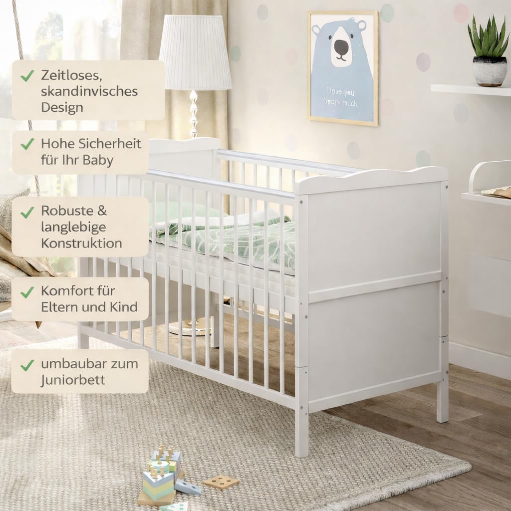 Babybett 70x140 cm weiß Kinderbett umbaubar zum Juniorbett mit Beißschienen Jack Kiefer Massivholz inkl. Teddy Kuscheltier