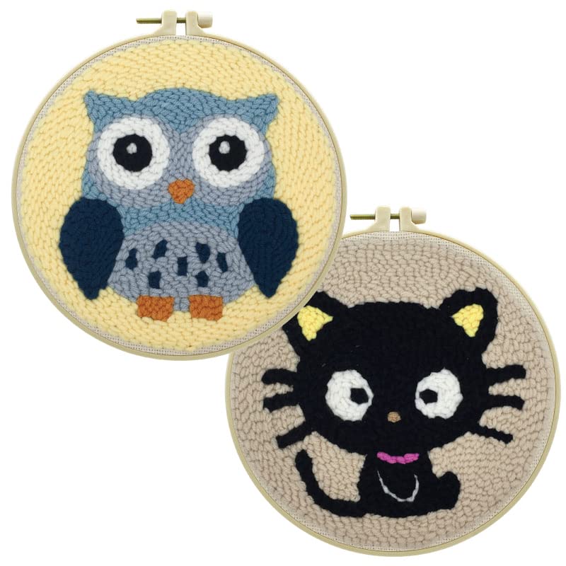 2 Pack Owl,Cat Easy Punch Needle Embroidery Starter Kits for Kids and Adults Beginners with Punch Needle Tool,Threader, Stamped Fabric Embroidery,Hoop,Pen, Punch Needle Kits