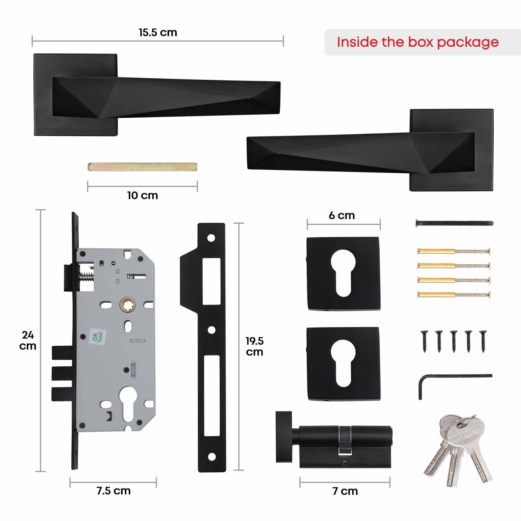 Lapo Premium Mortise Lock Set - 3 Brass Keys -7