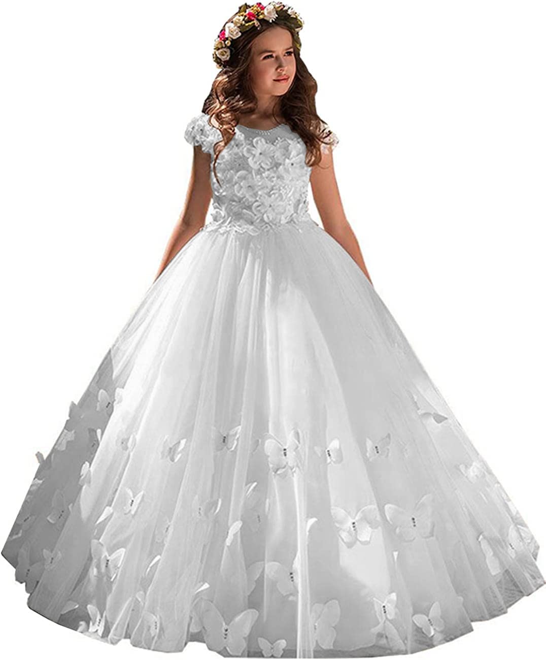 Fuomomo White Fancy Flower Girls Pageant First Communion Dresses White Dresses with Butterfly and Flowers