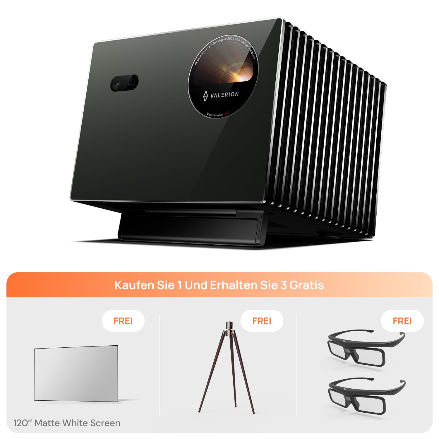 Valerion Heimkino-Paket – Enthält Valerion Pro2 4k-Projektor + 120 Zoll mattweiße Leinwand + Walnuss-Stativständer + 3D-Brille