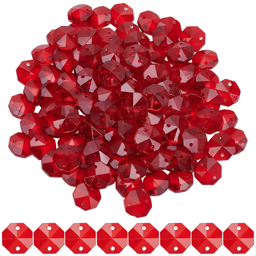 SOFPLATE 1 Box 120Pcs 14mm Crystal Glass Octagon Beads 2 Hole Crystal Prism Beads Red Glitter Chandelier Replacement Connector Suncatcher Faceted Spacers for DIY Lamp Hanging Ornament Pendant Adults