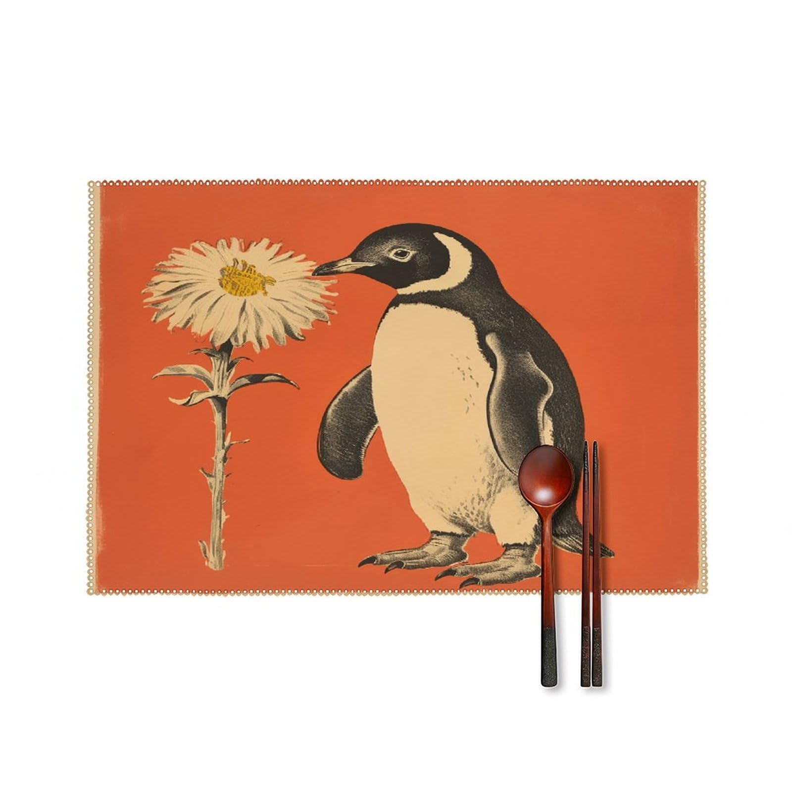 Btcowzrv Style A Flower And Penguin Canvas Placemats Set Of 6, Wipeable Washable Place Mats For Indoor & Outdoor, Table Mat Decor For Kitchen Dining Party