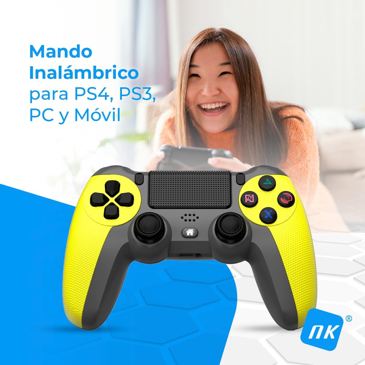 NK Mando para PS4 / PS3 / PC/Móvil Inalámbrico – Wireless Controller con 2-Shock, Función Detección 6 ejes, Luz LED, Panel Táctil, Entrada para Auriculares, Cable de Carga incluido – Amarillo 3