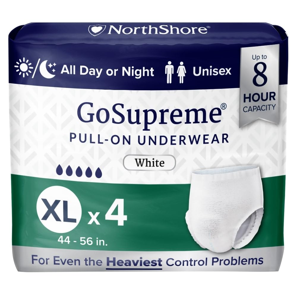 NorthShore GoSupreme Overnight Pull-On Underwear, 8-Hour Leak Protection, X-Large, 4-Count Starter Bag, White, (44-56 in Waist), Unisex Adult Diapers