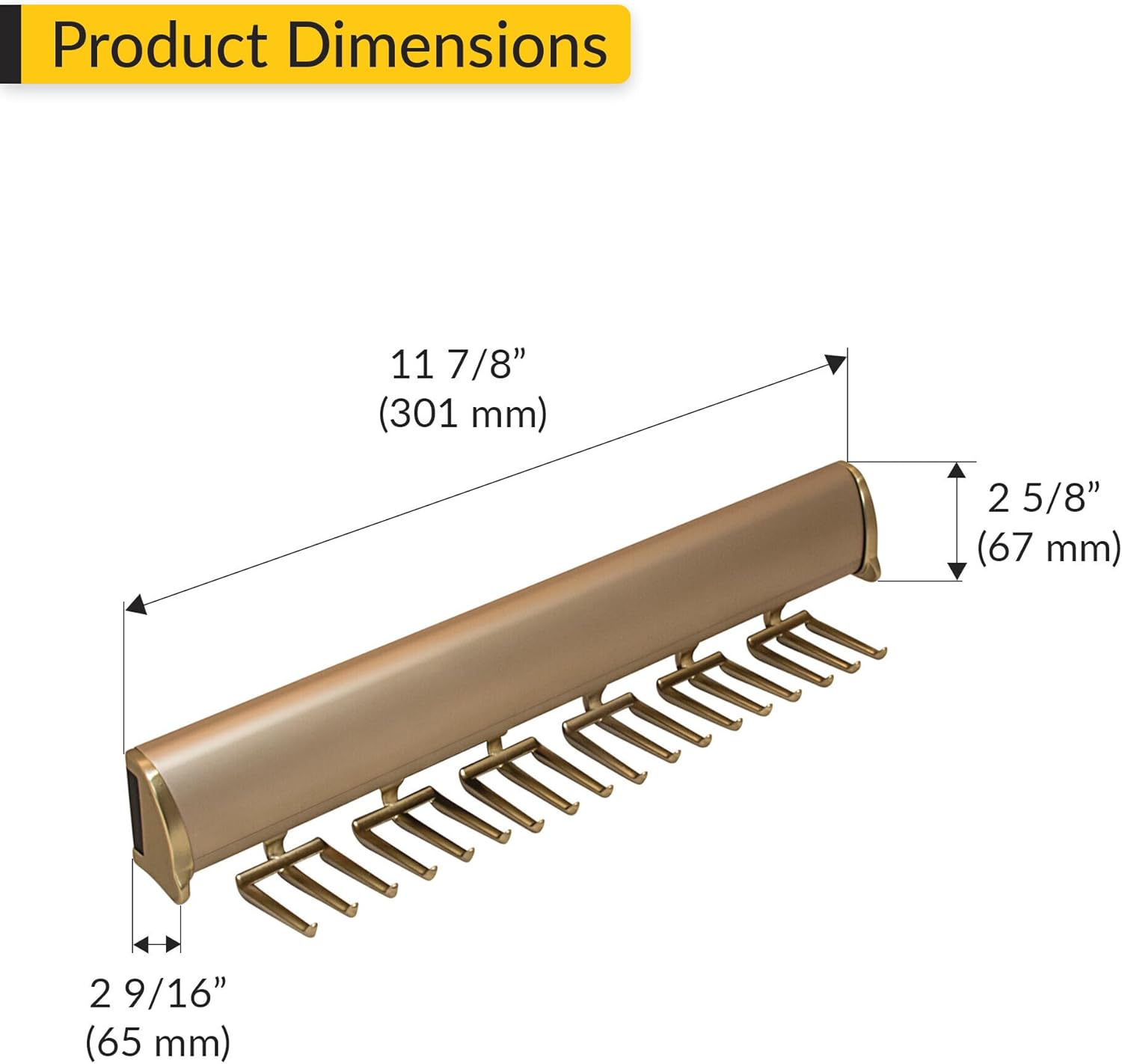 Brixwell QIMX-005 Tie Rack, TAG Synergy Elite Collection, 18 Hook, 13 7/8" with Full Extension Slide, Matt Gold Matt Gold