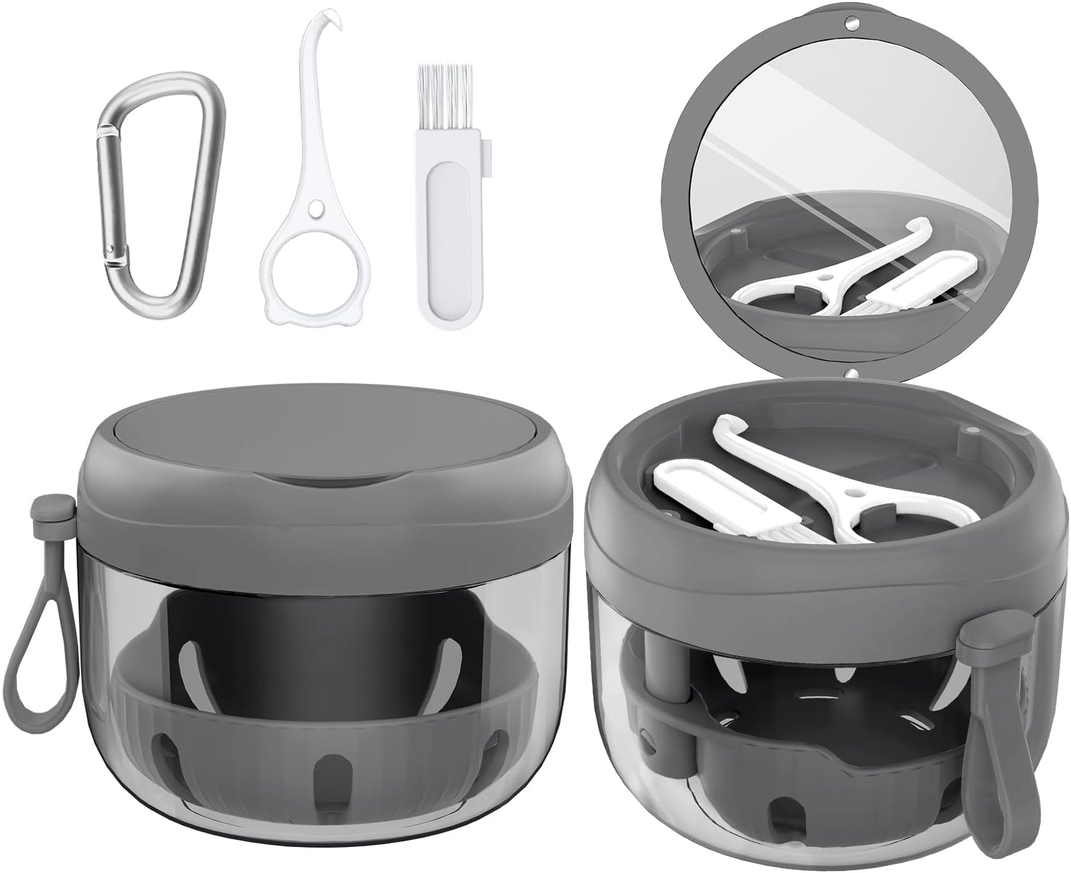 Denture Bath Box Cup, Leak Proof Denture Cup Kit Portable Retainer Case for Travel, Denture Case Cleaning Care for Dentures Aligner Mouth Guard with Denture Brush,Strainer, Removal Tool and Mirror