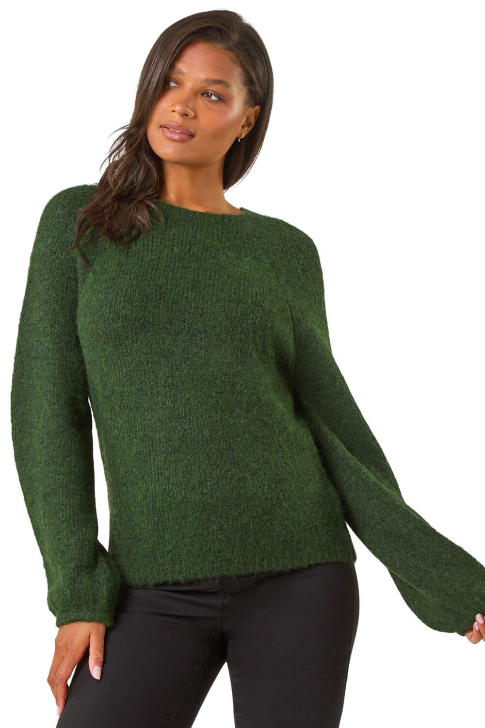 Roman Originals Women's Khaki Soft Knit Blouson Jumper For Uk - Everyday Autumn Winter Crew Neckline Comfy Soft Evening Vacation Work Party Night Out - Size 12