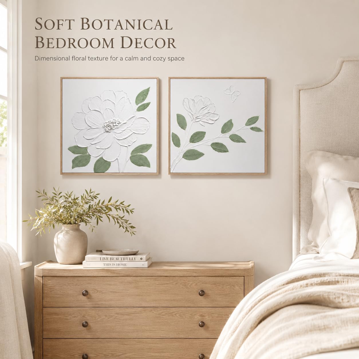 Artiluxy Textured Plaster Wall Art Set of 2, 16x16 Framed Botanical Relief Flower Decor, Handcrafted 3D White Floral Panels with Natural Wood Frame for Bedroom Bathroom Entryway Living Room