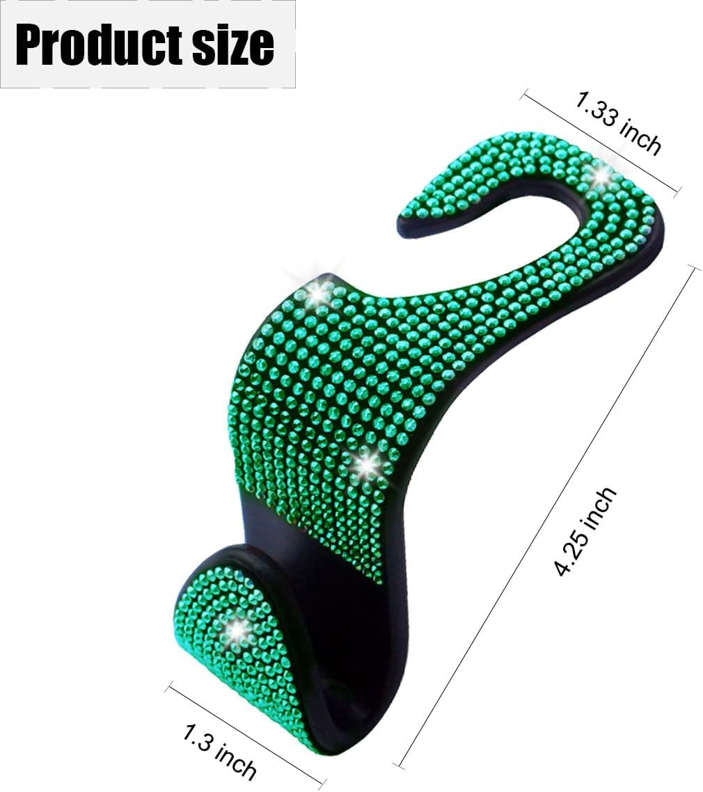 LAINLOY 4PCS Bling Car Headrest Hook, Crystal Rhinestone Back Seat Purse Holder, Car Seat Hanger Storage for Bag, Grocery, Handbag, Universal Interior Accessories for SUV Car Truck (Green)