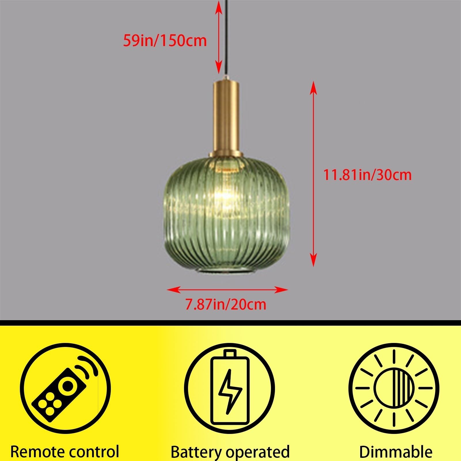 Vintage Industrielle Pendelleuchte mit Glas Lampenschirm,Batteriebetrieben Ohne Stromanschluss Hängelampen mit Fernbedienung,kabellose Hängelampe mit RGB-Dimmfunktion,Wiederaufladbare Lichtquelle E27.