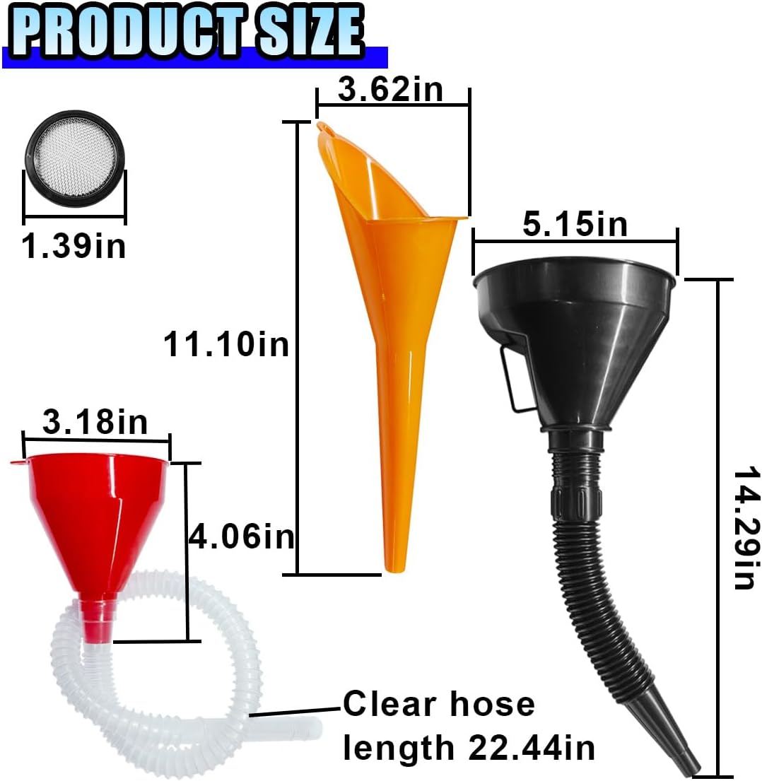 3PCS Car Funnels Set, Universal Long Neck Oil Funnel, Flexible Wide Mouth Funnel with Removable Filter & Nozzle, Right Angle Funnel Plastic Fuel Funnel for Gasoline/Coolant/Engine Oil/Water