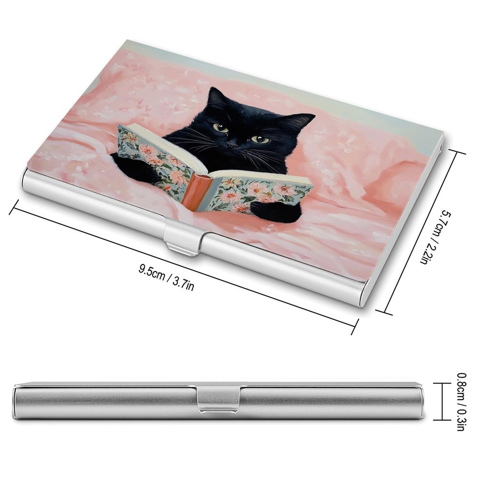 DuduYH Black Cat Reading on Bed Business Card Holder Pocket Slim Portable Metal Business Card Case