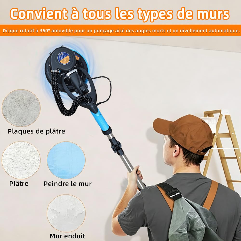 Lijadora de jirafa, lijadora de pared profesional 750 W con colector de polvo, lijadora eléctrica para techos y paneles de yeso de 7 velocidades variables (azul)