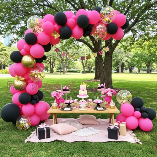 Image of Pink and Black Balloon Arch Kit with Gold Butterflies, 124 Pcs