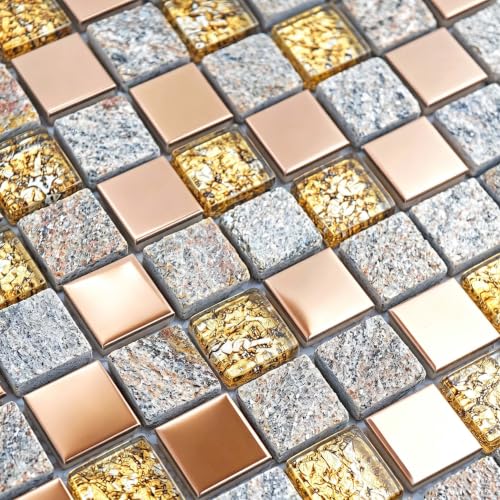 Hominter Luxury Glass Stone Tile Rose Gold Glitter Metal Mosaic Accent Backsplash Tiles in Kitchen Bathroom Walls and Fireplace Decor (5 Square Feet)