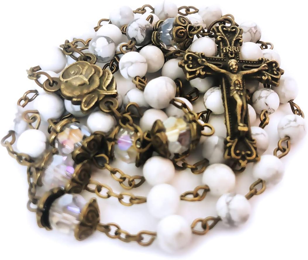 Our Lady of Lourdes White Howlite Stone Rosary Beads Catholic for Women and Rosary Bracelet for Women Set