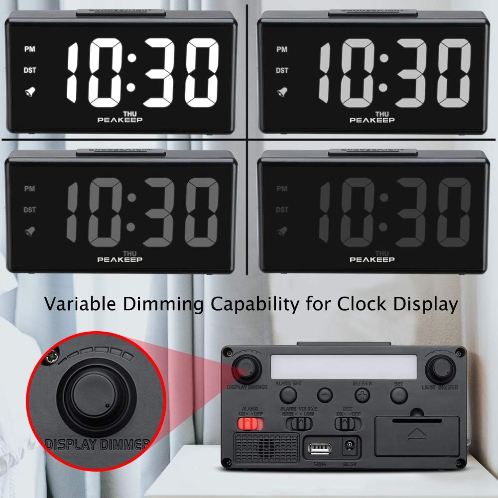 PEAKEEP Night Light Digital Alarm Clock with USB Charger and Dimmer, Large LED Display, Plug in Electric Loud Alarm Clock for Bedrooms Bedside, Day, DST