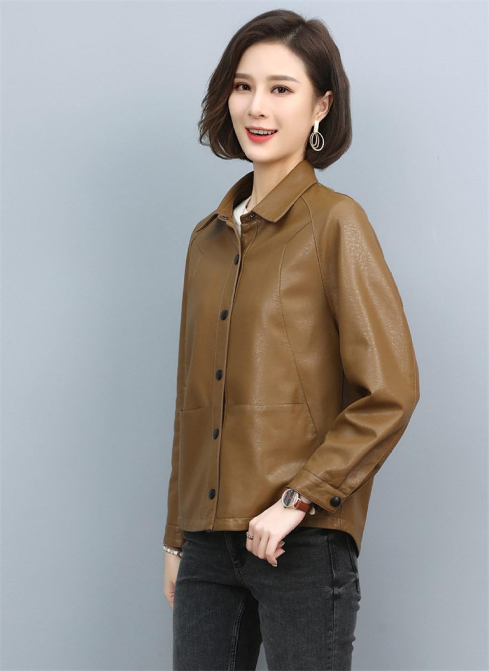 Chaqueta Moto Mujer,Chaqueta De Piel Sintética Para Mujer Shacket Caqui Solapa Broche Pu Moto Biker Coat Bolsillo Corto Bomber Jacket Elegante Manga Larga Raglán Motocicleta Casual Chaqueta Outwea