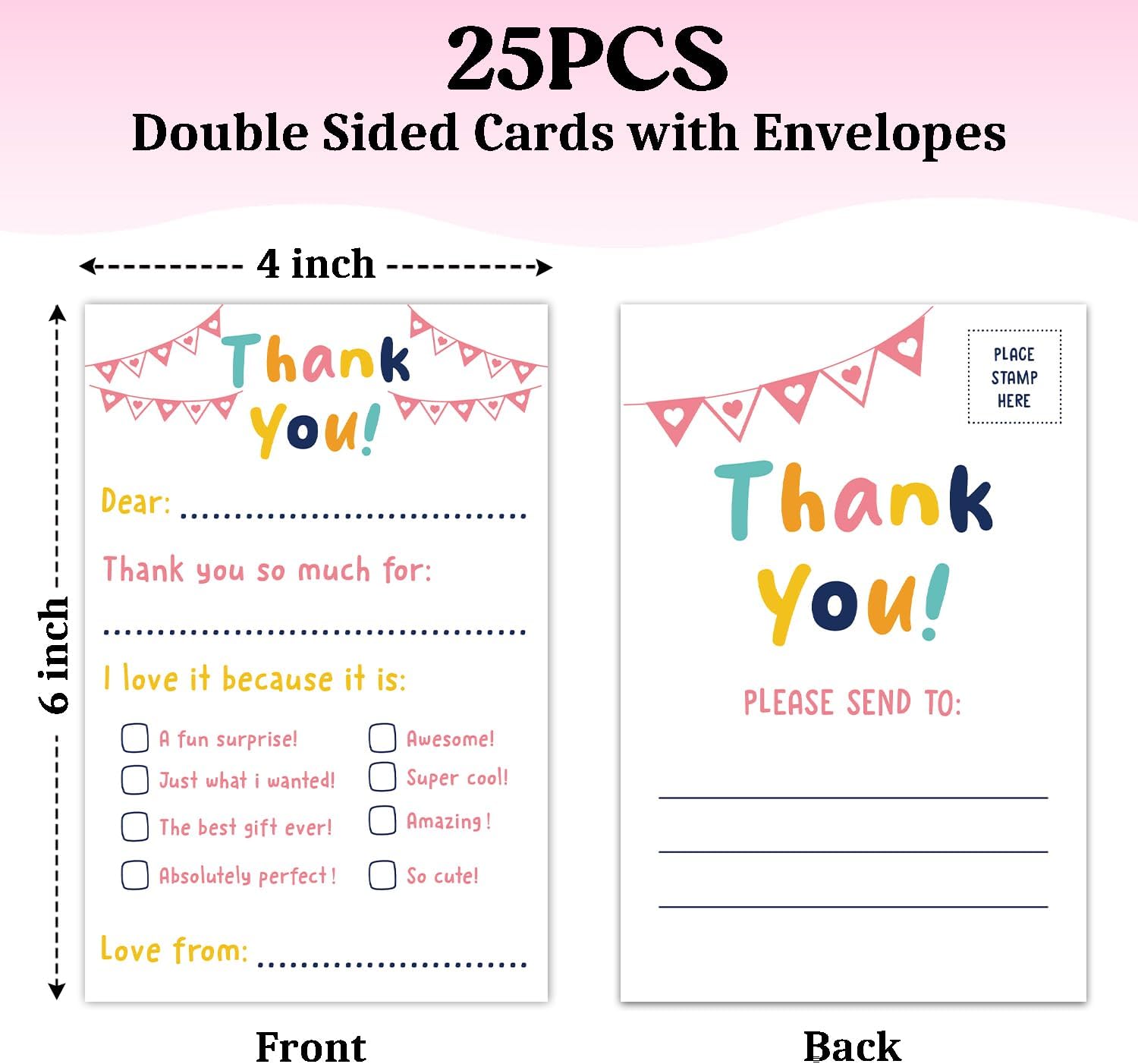 Colorful Thank You Postcards for Kids, 25 PCS 4x6 No Envelope Needed Double Sided Design Post Cards, Kids Thank You Cards Fill in the Blank Birthday Postcards for Birthday Party -02 - Image 2