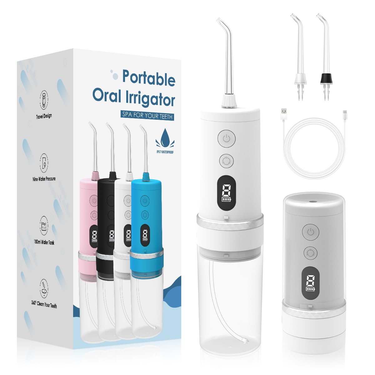 Irrigador dental portátil de agua para dientes, 9 modos de 40 a 150 PSI, IPX7 impermeable, batería de larga duración con pantalla digital, irrigador oral inalámbrico ligero de 180 ml, tanque