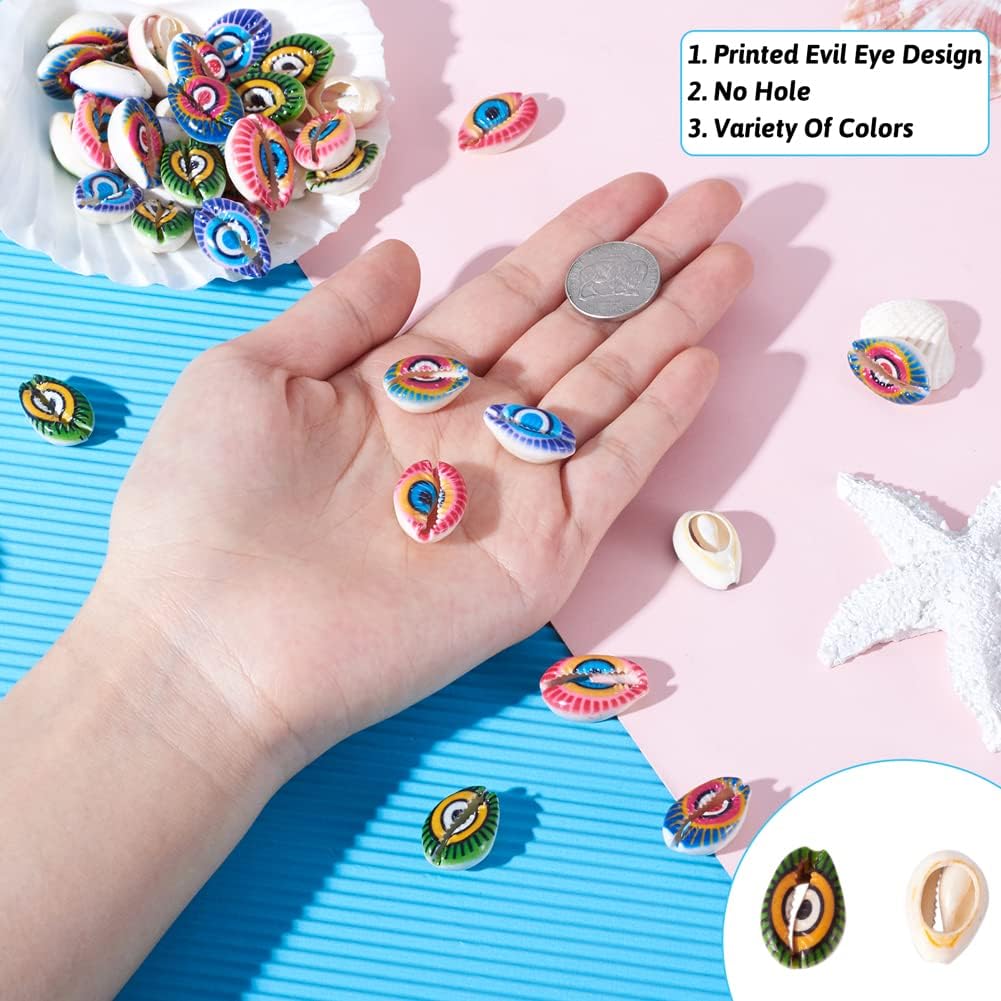 Cheriswelry 100pcs Printed Cowrie Shell Beads Undrilled Colorful Evil Eye Seashells Beach Beads Smooth Cut Oval Shell Beads Charms 20~25mm for DIY Craft Earring Bracelet Necklace Jewelry Making