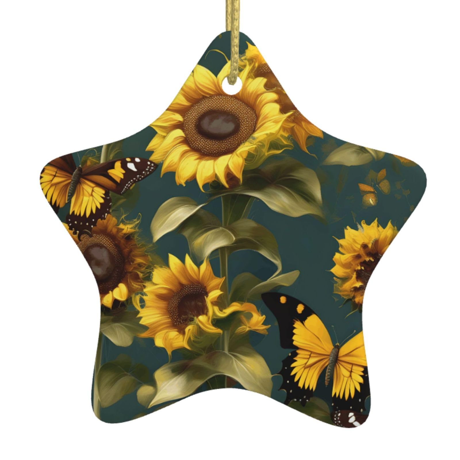 Nbtghga White Sunflower Floral Butterflies Print Christmas Ornaments, Ceramic Hanging Ornament, Round Shape Decorations