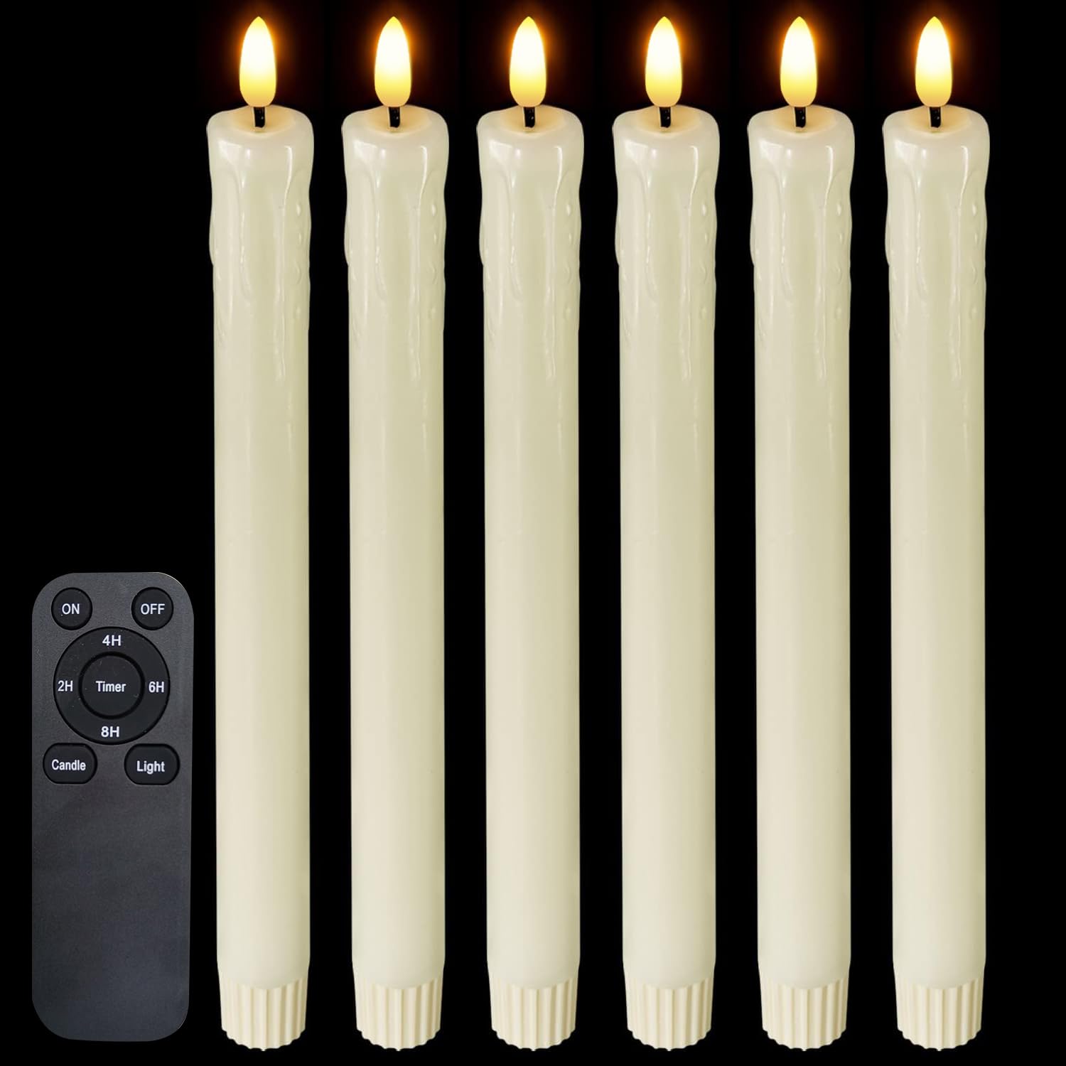 Real Wax Battery Operated Flameless LED Taper Candles w/Remote 6 PCS Ivory