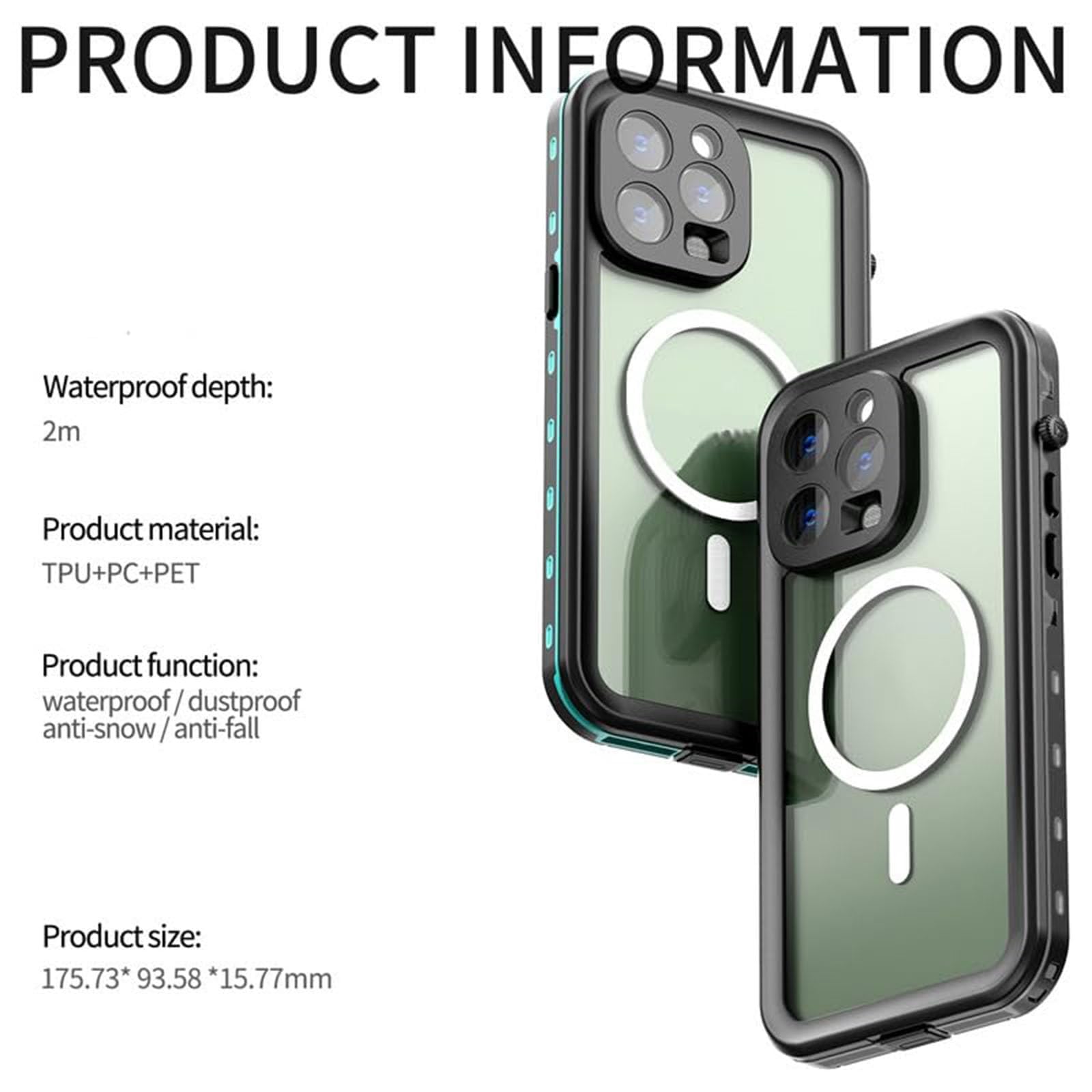 Custodia Impermeabile per iPhone 15Pro Max/15 Pro/15 Plus/15, Robusta Protezione Anticaduta di Grado Militare, Cover Antiscivolo con Supporti per la Protezione della Fotocamera, 15 PRO,Verd