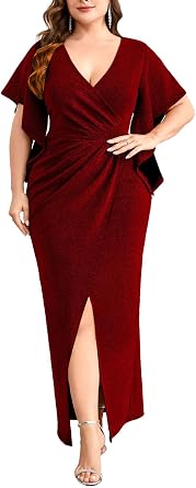 Plus Size Sparkly Formal Dress Maxi Ruched V Neck Slit Cocktail Gala Holiday Wedding Guest Prom Evening Gown