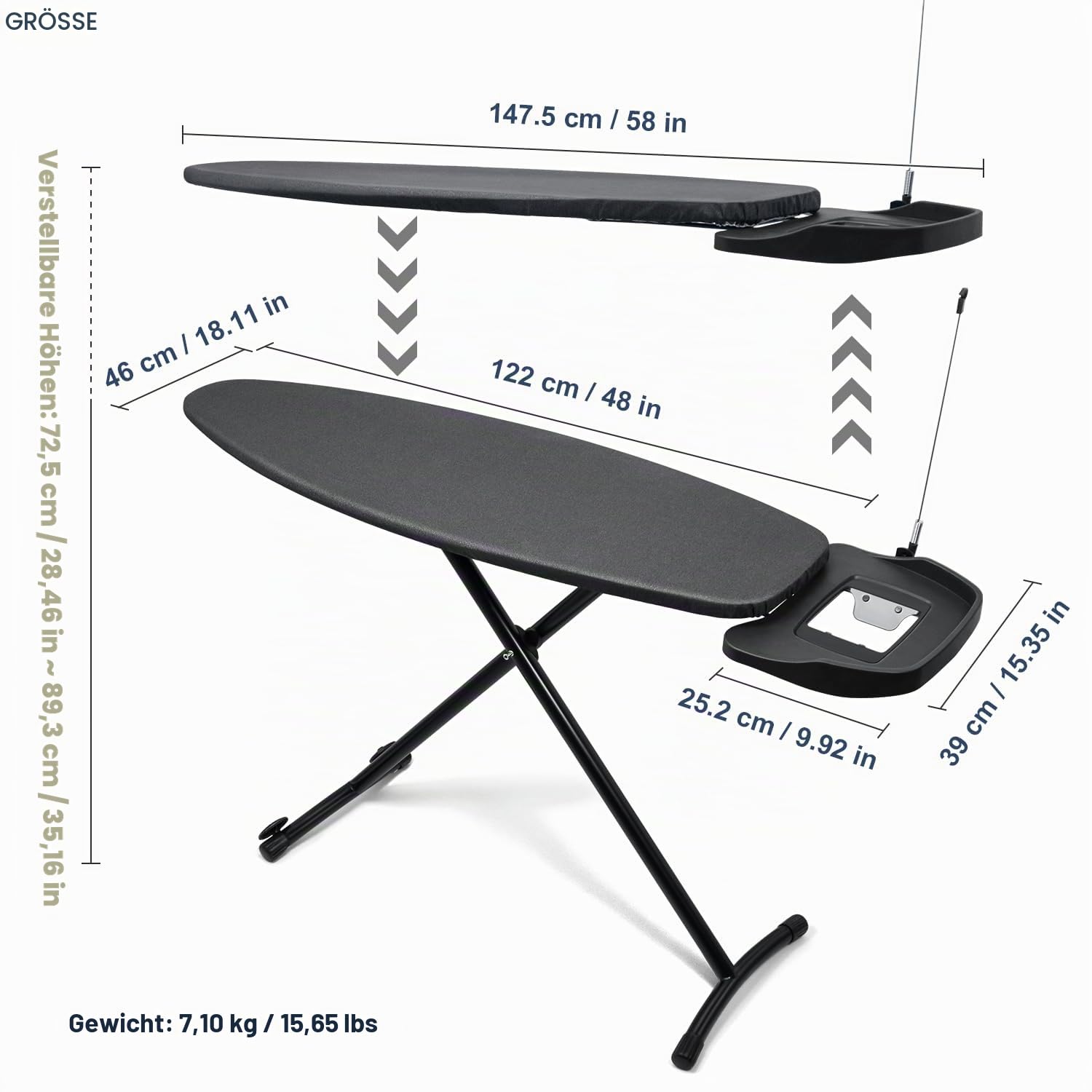 Duwee Extra Large Bügelbrett mit Rollen, Extra breites Bügelbrett für Dampfstationen, robuste und klappbare Beine, 10 mm Fellenauflage, schwarz, 122 x 46 cm