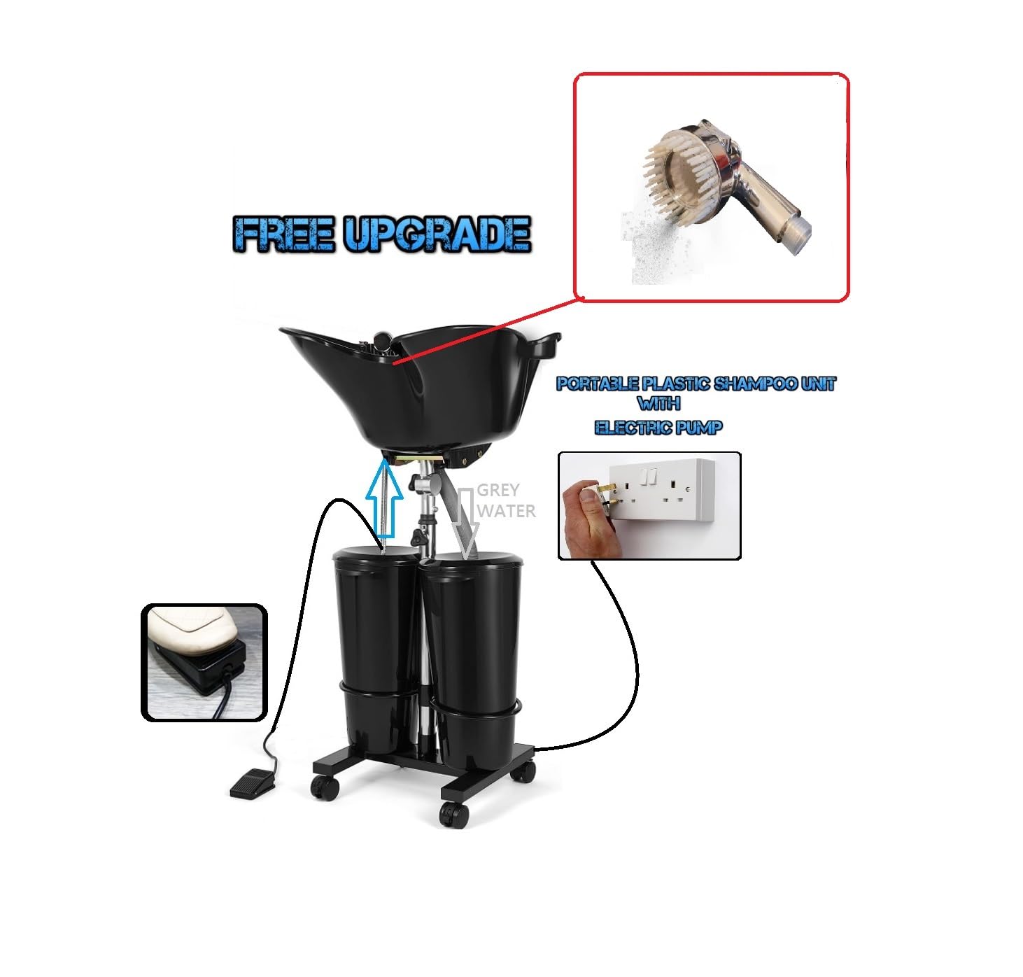 Tragbare Kunststoff-Shampoo-Einheit mit elektrischer Pumpe, mobiles Haarbecken auf Rädern, 2 Tanks Eimer, 10 l Trolleyhalter, Salon-Shampoo-Waschbecken, Edelstahl, tragbares Salon-Haar-Becken, Barber,