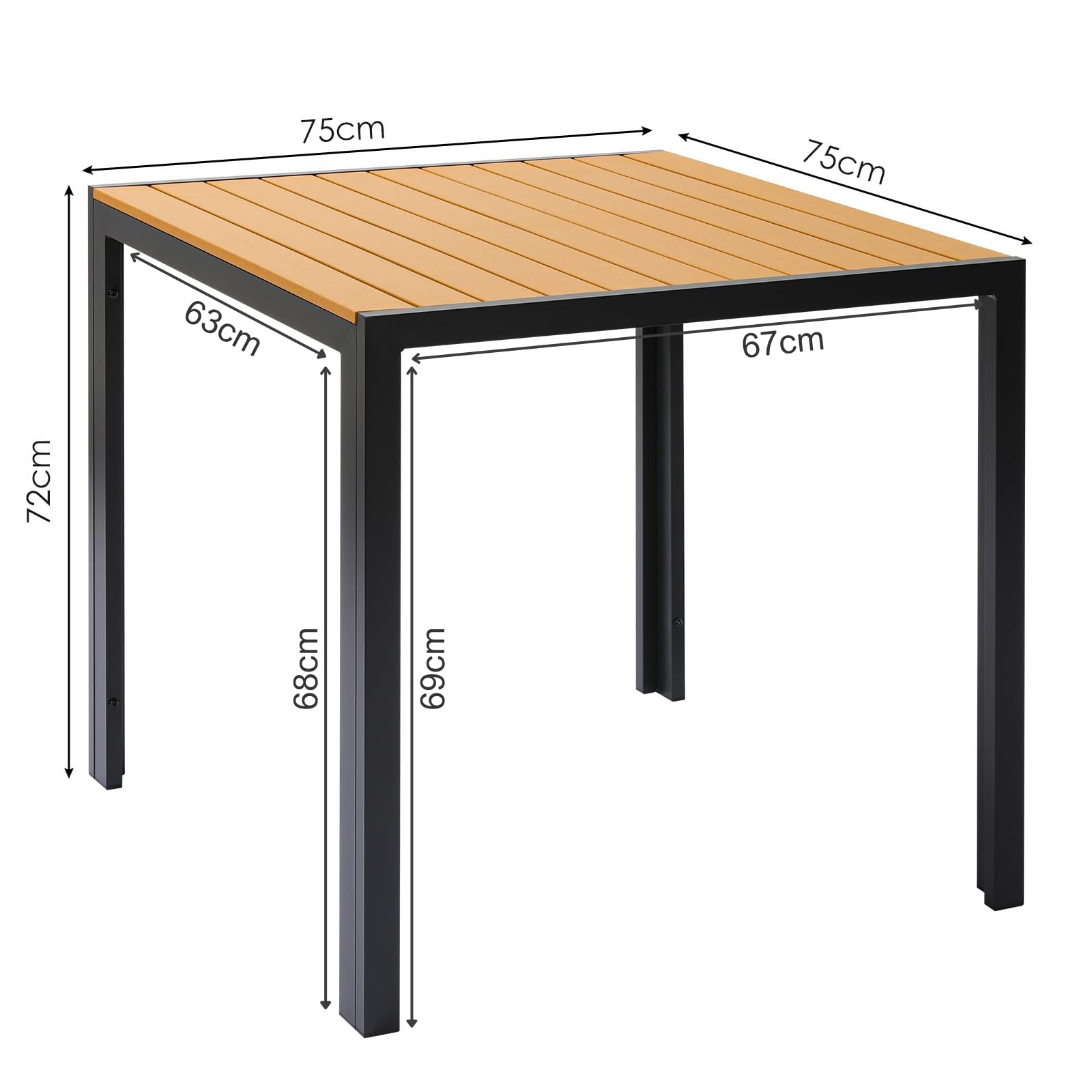 LIFERUN Gartentisch Aluminium, 75x75cm WPC Balkontisch Wetterfest, Quadratischer Terrassentisch, Rutschfester Esstisch Outdoor, Teakbraun